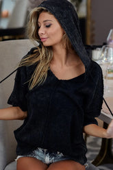 BiBi Mineral Washed Short Sleeve Hoodie Top BLACK CHARCOAL OutfitFlow