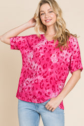 BOMBOM Leopard V-Neck Short Sleeve T-Shirt Fuchsia OutfitFlow