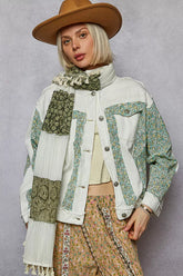 POL Button Down Patchwork Denim Jacket with Floral Print Details OFF WHITE OutfitFlow