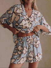 Printed Button Up Shirt and Shorts Set Light Blue OutfitFlow