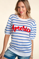Haptics Letter Embroidery Striped Knit Top Ivory Blue Red OutfitFlow