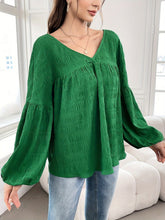 Plus Size Texture V-Neck Long Sleeve Top Dark Green OutfitFlow