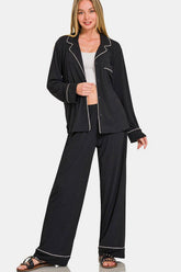 Zenana Button Down Long Sleeve Top and Pants Lounge Set Black OutfitFlow