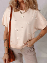 Pearl Embellished Bow Detail Short Sleeve Sweater Oatmeal OutfitFlow