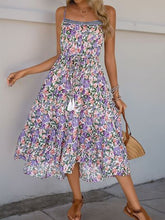 Perfee Decor Button Printed Sleeveless Tiered Midi Dress Pink Purple OutfitFlow