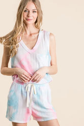 BiBi Tie Dye Textured Knit Top and Shorts Set N.PINK BLUE MULTI OutfitFlow
