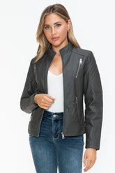 Snobbish Faux Leather Zip Up Mock Neck Jacket Charcoal OutfitFlow