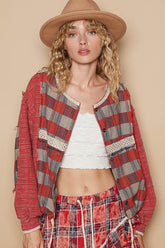 POL Round Neck Long Sleeve Plaid Shirt Red Multi OutfitFlow