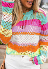 Openwork Contrast Striped Round Neck Knit Top Hot Pink OutfitFlow