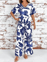 Printed V-Neck Top and Wide Leg Pants Set Blue OutfitFlow