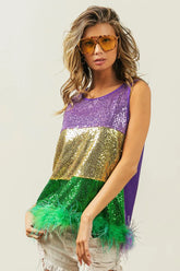 BiBi Mardi Gras Color Block Faux Feather Hem Sequin Top PURPLE MUSTARD GREEN OutfitFlow