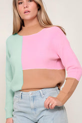 Color Block Mock Neck Ribbed Trim Sweater Pink OutfitFlow