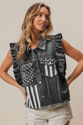 BiBi American Flag Washed Denim Jacket BLACK CHARCOAL OutfitFlow