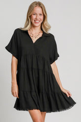 Umgee Full Size Raw Hem Folded Sleeve Tiered Dress Plus Size Black OutfitFlow