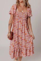 Floral Square Neck Knotted Ruffle Midi Dress Dusty Pink OutfitFlow
