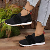 Lace Up Round Toe Woven Athletic Sneakers Black OutfitFlow