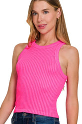 Zenana Seamless Ribbed Crop Tank NEON FUCHSIA OutfitFlow