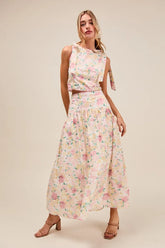 SO ME Floral Printed Woven Shoulder Bow Tie Top and Skirt Set FLORAL OutfitFlow