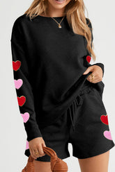 Heart Texture Round Neck Top and Drawstring Shorts Set Black OutfitFlow
