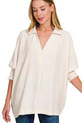 Zenana Airflow Collar Tee with Smocked Sleeve Band Top SAND BEIGE OutfitFlow