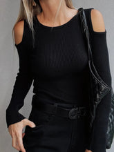 Ribbed Knit Cold Shoulder Sweater Black OutfitFlow