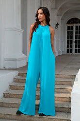 Double Take Full Size Tie Back Cutout Sleeveless Jumpsuit Aqua OutfitFlow