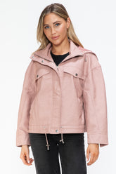 How Dare U Drawstring Hem PU Leather Zip Up Jacket Mauve OutfitFlow