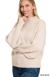 Zenana Balloon Sleeve Mock Neck Sweater SAND BEIGE OutfitFlow