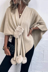 Surplice Neck Pom-Pom Trim Poncho Ivory One Size OutfitFlow