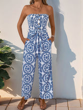 Perfee Smocked Tube Wide Leg Jumpsuit Blue OutfitFlow