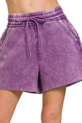 Zenana Acid Wash Fleece Drawstring Shorts With Pockets VIOLET OutfitFlow