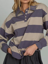 Striped Polo Collar Sweatshirt with Button Details Lilac OutfitFlow