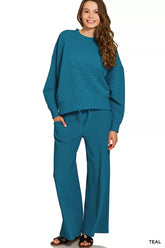 Zenana Ribbed Round Neck Pullover and Drawstring Pants Set TEAL OutfitFlow