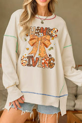 Thanksgiving Graphic Crew Neck Sweatshirt Beige OutfitFlow