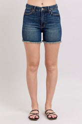 Judy Blue Tummy Control Fray Hem & Shield Back Pockets Denim Shorts Dark OutfitFlow