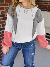 Color Block Textured Knit Patchwork Casual Top White OutfitFlow