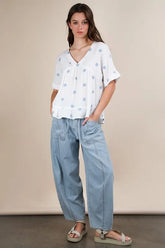 VERY J Flower Embroidered Woven Blouse White OutfitFlow