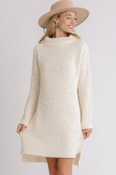 Umgee Full Size High Low Long Sleeve Boucle Sweater Dress Plus Size Cream OutfitFlow