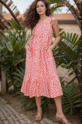 Geometric Print Knot Back Sleeveless Ruffle Hem Dress Strawberry OutfitFlow