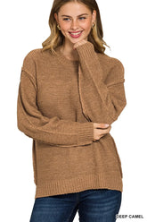Zenana Exposed Seam Round Neck Sweater DEEP CAMEL OutfitFlow