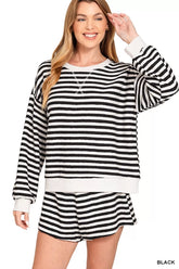 Zenana Striped Long Sleeve Top and Shorts Set BLACK OutfitFlow