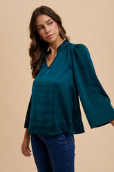 Annie Wear Satin Notched Three-Quarter Sleeve Blouse Deep Teal OutfitFlow