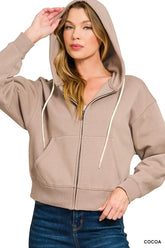 Zenana Fleece Cropped Zip-up Hoodie with Pockets COCOA OutfitFlow