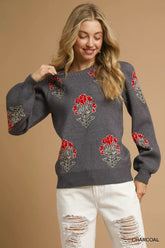 Umgee Single Flower Stem Jacquard Sweater CHARCOAL OutfitFlow