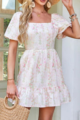 Floral Puff Sleeve Square Neck Knotted Open Back Ruffled Mini Dress Blush Pink OutfitFlow