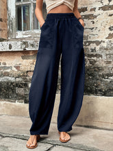 Elastic Waist Pants with Pockets Dark Blue OutfitFlow