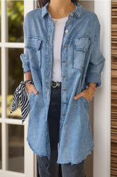 Full Size Pocketed Button Up Long Sleeve Denim Jacket Light Blue OutfitFlow