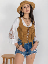 Fringe Lace-Up Vest Tan OutfitFlow