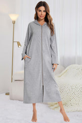 Zip Front Hooded Night Dress with Pockets Light Gray OutfitFlow