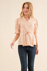 And The Why Plaid Patterned and Ruffled Wrap Blouse Top SALMON OutfitFlow